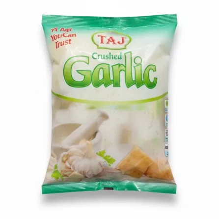 Front view of Taj brand 400g frozen crushed garlic pack showcasing the product and branding