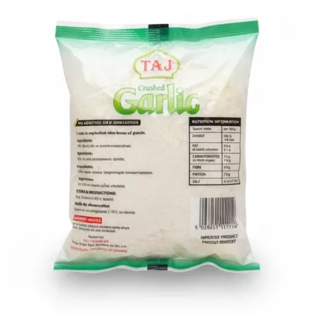 Back view of Taj crushed garlic pack displaying ingredients and nutritional information
