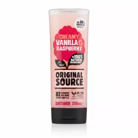 Original Source creamy vanilla and raspberry shower gel bottle front view