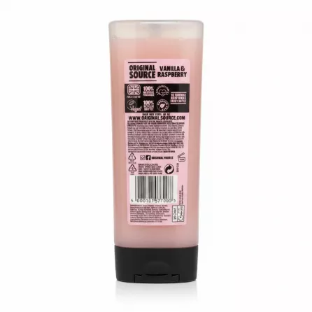Original Source creamy vanilla and raspberry shower gel bottle back label and barcode