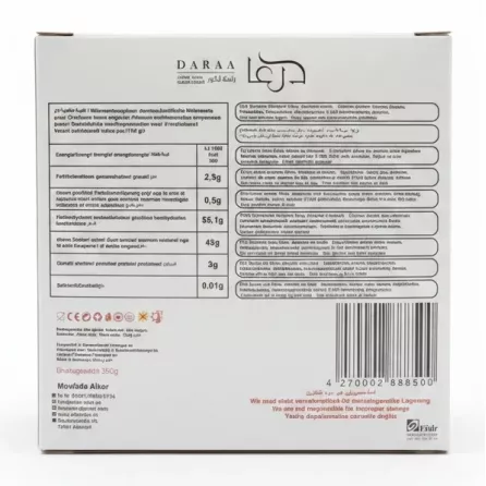 Back of the Daraa Raha Sesame Delight box showing ingredients and nutritional facts