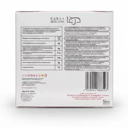 Back side of packaging showing ingredients and nutritional facts of Daraa Alkor Raha Rose sweets