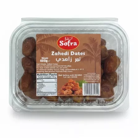 Pack of Sofra Zahedi dates in clear plastic container with label