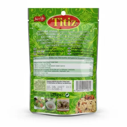 Titiz roasted chestnuts pouch back with ingredients and nutrition info