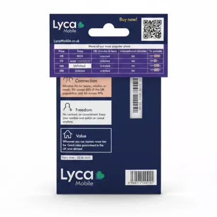 Lyca Mobile Unlimited Data SIM card back packaging with plan details