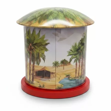 Back view of Leen Premium Dates featuring palm trees and desert tent illustration