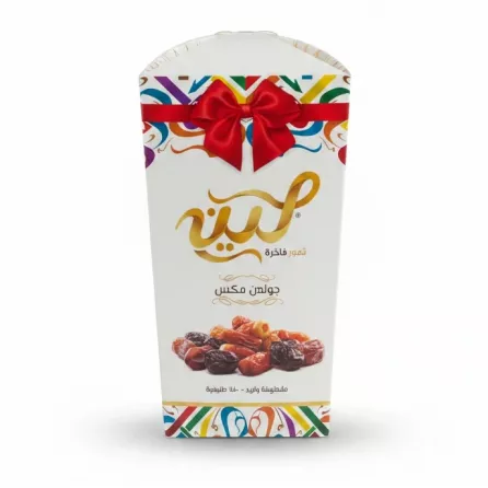 Leen Premium Dates Golden Mix box front with red bow and colourful design