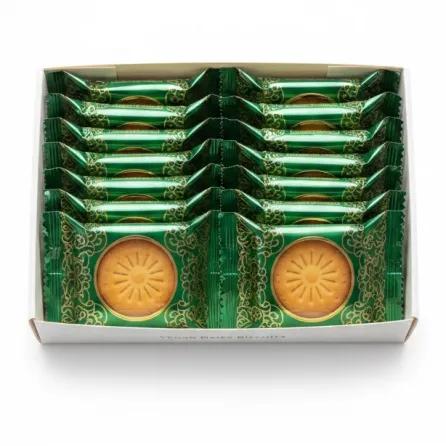 Open box showing individually wrapped Leen Vegan Dates Biscuits