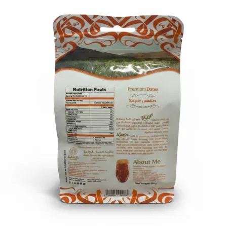 Leen Saqaie Premium Dates pouch back view with nutrition facts and product details