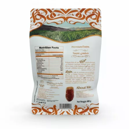 Leen Saqaie Premium Dates back packaging with nutrition facts and product information