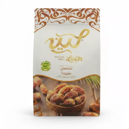 Leen Premium Saqaie Dates pack front showing dates in a basket