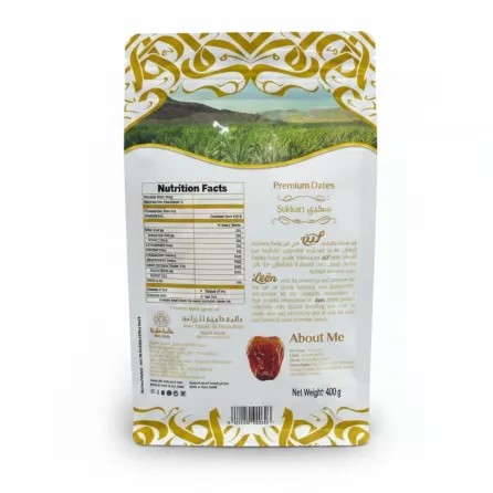 Back of Leen Sukkari Dates pouch with nutrition facts and product info