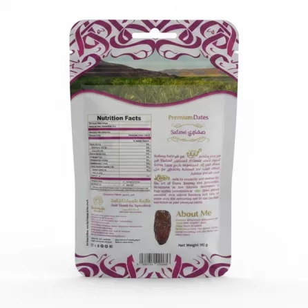 Leen Premium Safawi Dates back packaging with nutritional facts