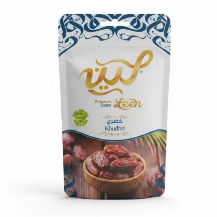 Front view of Leen Premium Khudri Dates pouch with elegant design