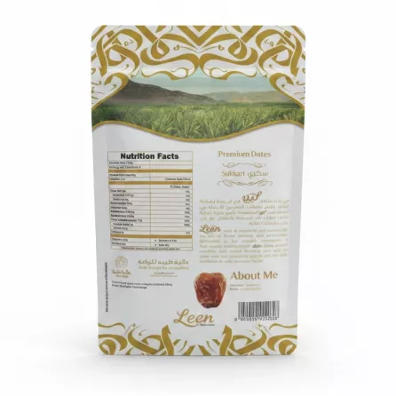 Leen Premium Sukkari Dates sealed pouch back with nutrition facts