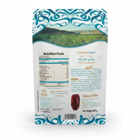 Leen Premium Khudhri Dates back packaging showing nutritional facts and product description