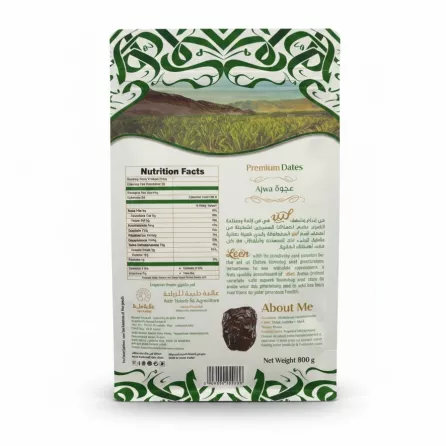 Back packaging of Leen Premium Ajwa Dates displaying nutrition facts and product information