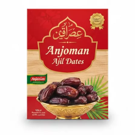 Box of Anjoman Ajil Dates in ornate bowl
