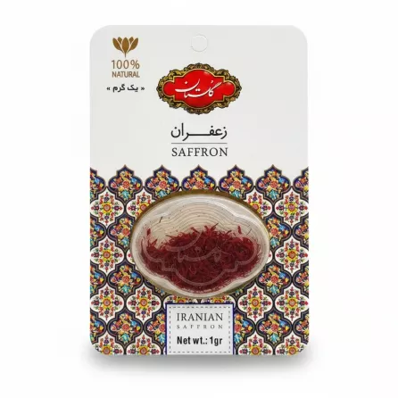 Golestan brand Iranian saffron pack with decorative Persian pattern and 1 gram saffron filaments visible