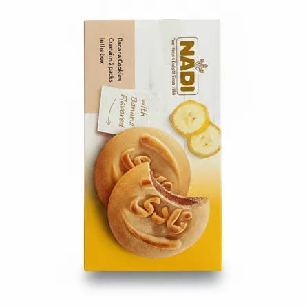 NADI Banana Flavour Cookies box showing two cookies and banana slices
