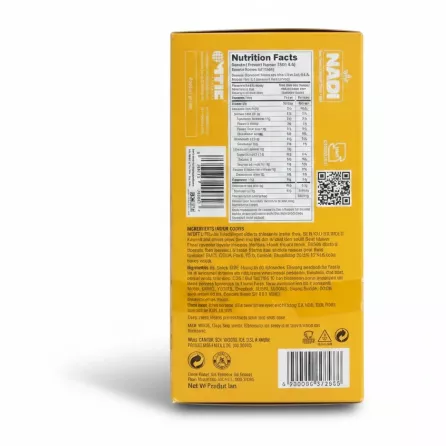 Back of NADI Banana Flavour Cookies box displaying nutrition facts and ingredients