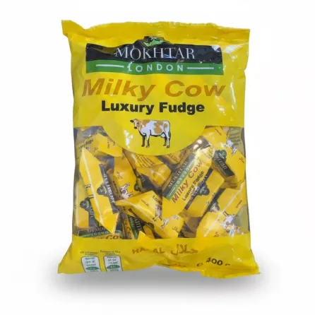 Pack of Mokhtar London Milky Cow Luxury Fudge with bright yellow packaging