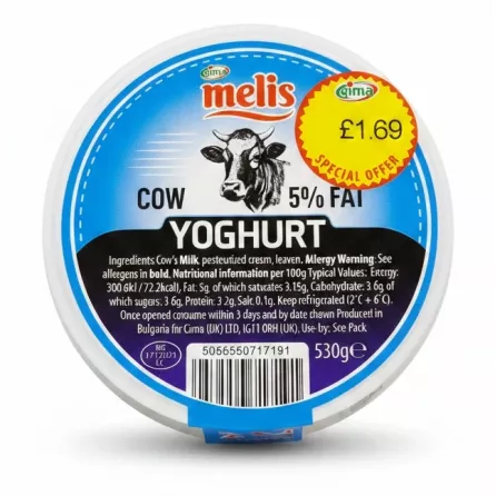 Top view of Melis cow milk yoghurt showing ingredients and nutritional information