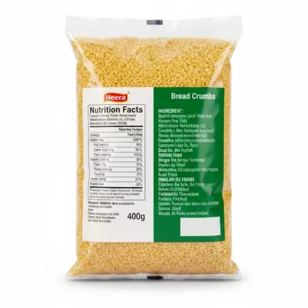 Heera Golden Bread Crumbs 400g package nutrition and ingredient information on back
