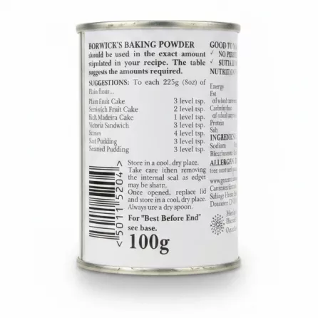 Borwick's Baking Powder nutritional and usage information on back of tin