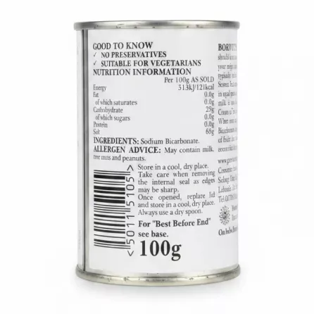 Borwick's Bicarbonate of Soda nutrition and ingredient information on tin