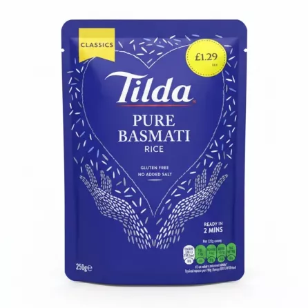front packaging of Tilda Pure Basmati Rice showing price and brand