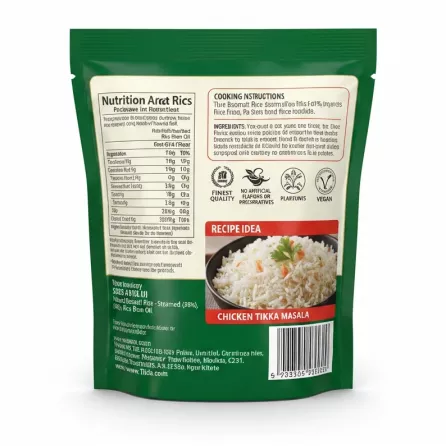 back packaging of Tilda Pure Basmati Rice with cooking instructions and ingredients