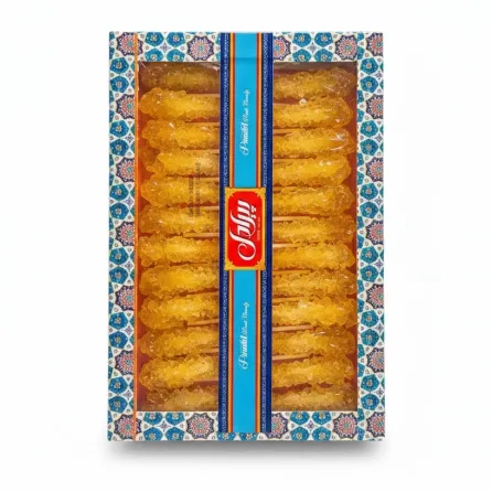 Box of Piradel Premium Saffron Rock Candy sticks arranged neatly