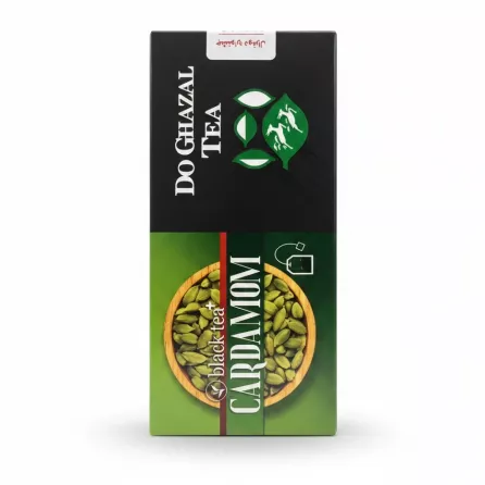 Box of Do Ghazal black tea with cardamom showing green cardamom seeds in a wooden bowl