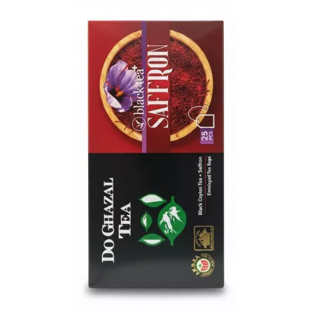 Do Ghazal Black Tea with Saffron packaging front showing a bowl of saffron strands and flower
