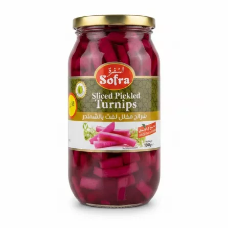 Jar of Sofra sliced pickled turnips with vibrant pink colour