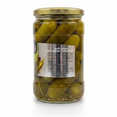 Back of Donya Pickled Cucumbers jar showing ingredients and storage instructions