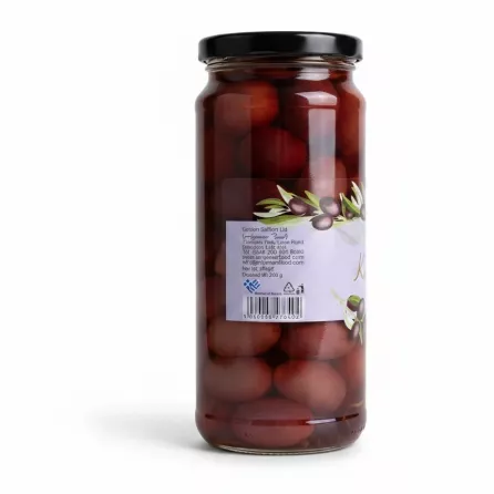 Barcode and product origin label on Anjoman Kalamata olives jar