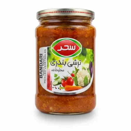 Jar of Sahar Bandari Spicy Mixed Pickled Vegetables front label