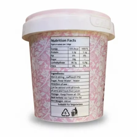Nutritional facts and ingredients label on Roya Frost Faloudeh tub