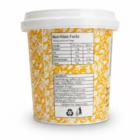 Nutrition facts and ingredients on the Roya Frost Faloodeh Shirazi Saffron tub