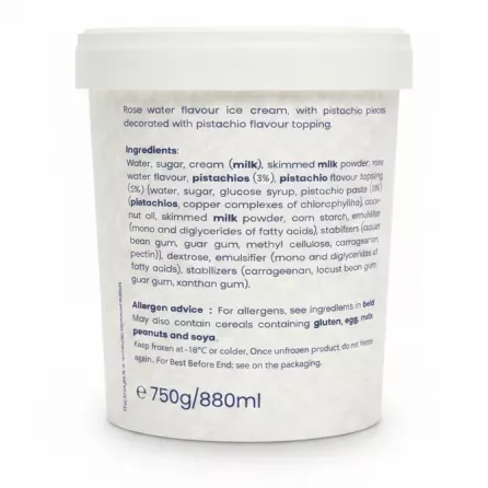 Roya Frost Rose Water Ice Cream ingredients and allergen information on tub