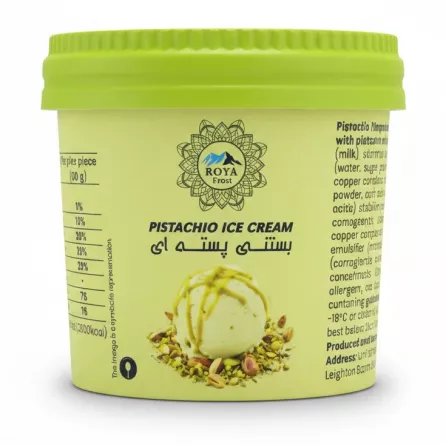 Roya Frost pistachio ice cream tub with green lid