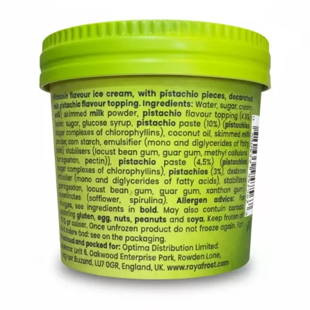 Ingredients and allergen information on pistachio ice cream tub