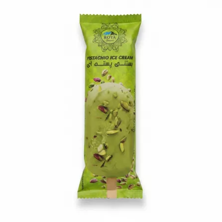 packaged pistachio ice cream bar with pistachio pieces on wrapper