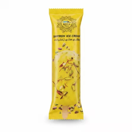 Roya Frost saffron ice cream stick with pistachio pieces in yellow packaging