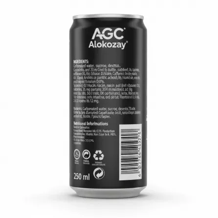Alokozay Energy Drink 250ml slim can back view with ingredients and barcode