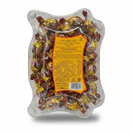 Back view of the toffee container showing product label and details