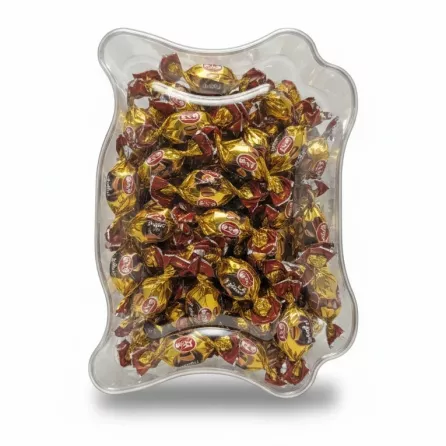 Clear plastic container filled with individually wrapped hazelnut toffees