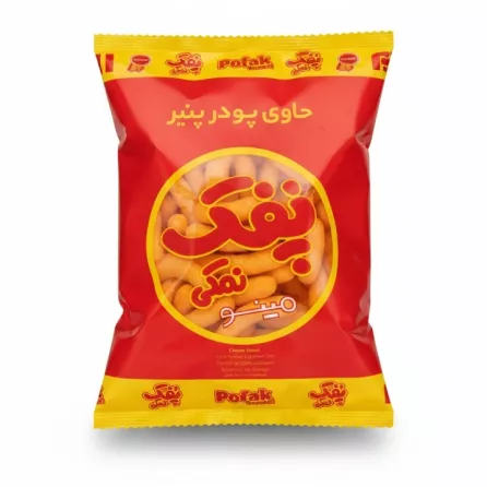 Pofak brand cheese flavoured puffed corn snack in red and yellow packaging